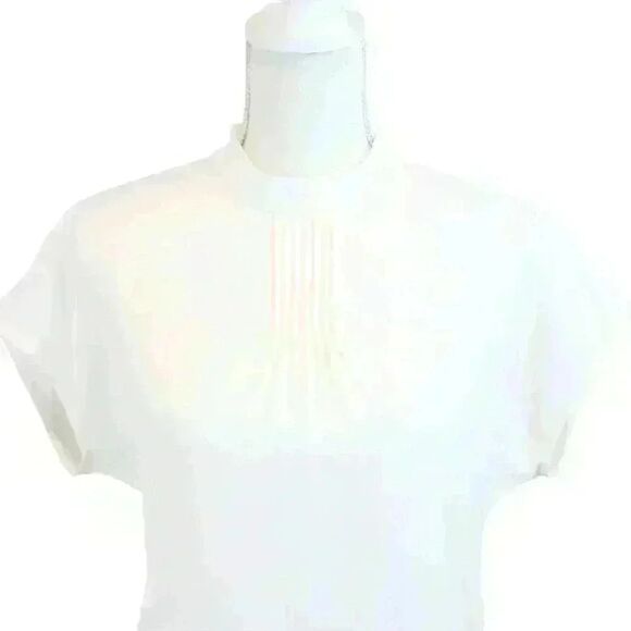 DKNY Cream White Blouse High-Neck Cap-Sleeve Side-Zip Front Pleats Size XS - Picture 9 of 10